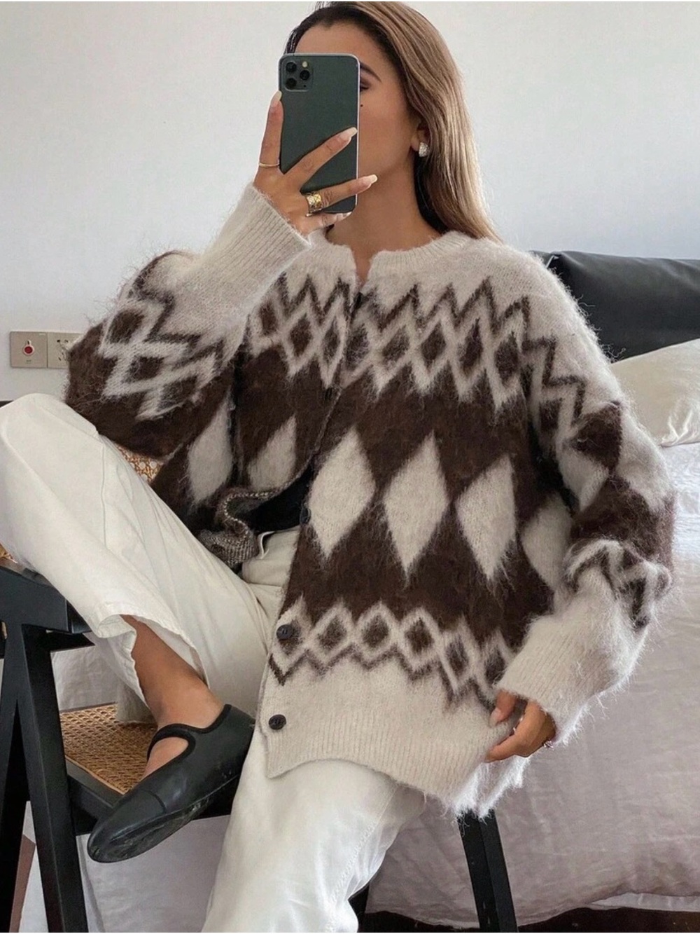 Cozy Diamond Pattern Mohair Blend Cardigan - Brown & Cream